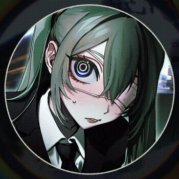 1girl aqua_eyes black_border black_jacket black_necktie blush border brown_lips chromatic_aberration collared_shirt commentary_request double-parted_bangs eyepatch film_grain freckles green_hair hair_between_eyes halftone halftone_background hatsune_miku jacket lapels lips long_hair looking_at_viewer medical_eyepatch monitoring_(vocaloid) necktie one_eye_covered outdoors parted_lips portrait pov_peephole qqubbell railing ringed_eyes round_border shirt solo sweatdrop twintails vocaloid white_shirt