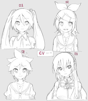 1boy 3girls ahoge armband bass_clef bow breasts brooch chest_jewel closed_mouth collar collarbone collared_shirt commentary flat_chest frilled_collar frills grey_background greyscale hair_between_eyes hair_bow hair_ornament hairband hairclip hatching_(texture) hatsune_miku head_tilt headphones headset highres infinity_symbol instrument jewelry kagamine_len kagamine_rin large_breasts linear_hatching long_hair looking_at_viewer medium_hair megurine_luka monochrome multiple_girls neckerchief necktie open_mouth ponytail sailor_collar shirt short_hair short_ponytail short_sleeves shoulder_tattoo sketch sleeveless sleeveless_shirt small_breasts smile spiked_hair sudachi_(calendar) swept_bangs tattoo treble_clef trumpet tsurime twintails upper_body valve very_long_hair vocaloid
