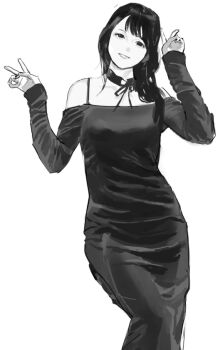 1girl bare_shoulders black_choker choker double_v dress greyscale long_hair long_sleeves looking_at_viewer monochrome okada_mei puffy_long_sleeves puffy_sleeves rainbow_hose real_life smile solo v