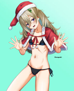 1girl :d alternate_costume aona_(anagasaki) bikini black_bikini breasts brown_hair capelet collarbone commentary_request cowboy_shot green_background hair_between_eyes hands_up hat head_tilt hibi_wa_sugiredo_meshi_umashi higa_tsutsuji highres long_hair looking_at_viewer navel open_mouth purple_eyes red_capelet red_hat ribs santa_bikini santa_costume santa_hat small_breasts smile solo spread_fingers swimsuit