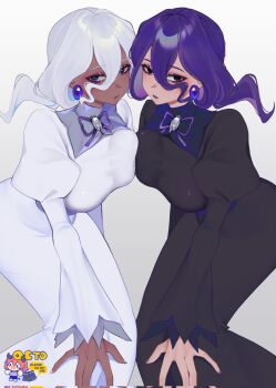 2girls alternate_breast_size_(larger) bags_under_eyes bent_over black_dress black_hair breast_press breasts dark-skinned_female dark_skin dress dual_persona earrings eyeshadow feet_out_of_frame fingernails full_body hair_between_eyes hand_on_own_knee hex_maniac_(pokemon) hex_maniac_(pokemon_legends:_z-a) highres jewelry juliet_sleeves large_breasts large_earrings lipstick long_dress long_fingernails long_hair long_sleeves looking_at_viewer makeup multiple_girls nail_polish neck_ribbon nintendo octoboo official_alternate_color pokemon pokemon_legends:_z-a puffy_sleeves purple_eyes purple_lips purple_nails purple_ribbon ribbon sphere_earrings symmetrical_docking symmetrical_pose white_dress white_hair white_nails