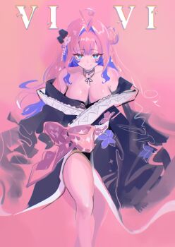 Rule 34 | 1girl, absurdres, ahoge, bare shoulders, black kimono, blue eyes, breasts, character name, choker, cleavage, closed mouth, commentary, dalcom, floral print, floral print kimono, flower, hair bun, hair flower, hair ornament, highres, hololive, hololive dev is, japanese clothes, kanzashi, kikirara vivi, kikirara vivi (new year), kimono, large breasts, long hair, looking at viewer, off shoulder, official alternate costume, pink background, pink hair, print kimono, ribbon choker, side up bun, sidelocks, simple background, sitting, smile, solo, very long hair, virtual youtuber