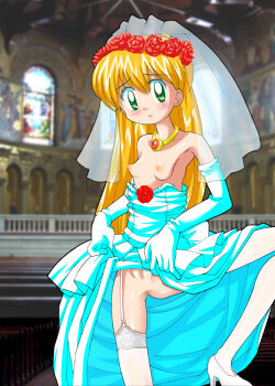 1girl anus artist_request bad_anatomy blonde_hair breasts bridal_veil censored church clothes_lift clothes_pull daa!_daa!_daa! dress dress_lift dress_pull elbow_gloves female_focus flashing flower garter_straps gloves green_eyes high_heels indoors jewelry kouzuki_miyu loli long_hair looking_at_viewer mosaic_censoring necklace no_panties photo_background pussy shoes skirt skirt_lift small_breasts solo thighhighs veil wedding_dress white_thighhighs