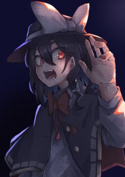 1girl absurdres alternate_eye_color black_capelet black_hair black_hat blue_background bow bowtie capelet collared_shirt dark_background fang hair_between_eyes hair_bow hat hat_bow highres large_bow long_sleeves medium_hair muraryo open_mouth red_bow red_bowtie red_eyes red_nails shirt sleeve_cuffs solo touhou usami_renko white_bow white_shirt