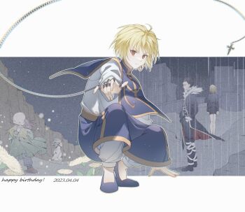 Rule 34 | 2girls, 3boys, arm support, bald, bald female, black coat, black hair, black pants, black skirt, blonde hair, blue sarong, blue tabard, chain, chrollo lucilfer, cliff, closed eyes, closed mouth, coat, cross, dated, dress, earrings, english text, faceless, faceless male, facing away, field, fireflies, flower, flower field, flute, formal clothes, frown, green dress, grey hair, grey pants, hand in pocket, hands up, happy birthday, highres, holding, holding flute, holding instrument, hunter x hunter, instrument, jewelry, kurapika, long hair, long sleeves, looking at viewer, mari (mmmmariiiiii), multiple boys, multiple girls, music, night, night sky, outline, outside border, pakunoda, pants, playing flute, playing instrument, rain, reaching, reaching towards viewer, red eyes, sarong, senritsu, shirt, short hair, skirt, skirt suit, sky, solo focus, spiked hair, squatting, standing, star (sky), starry sky, suit, tabard, tank top, uvogin, white flower, white outline, white pants, white shirt