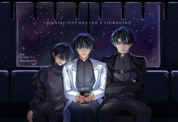 1girl 2boys absurdres black_coat black_hair black_shirt coat collared_shirt crossed_arms curtained_hair feet_out_of_frame glowing han_sooyoung head_on_another&#039;s_shoulder highres holding holding_phone kim_dokja light_particles looking_at_another looking_at_viewer multiple_boys omniscient_reader&#039;s_viewpoint open_clothes open_coat phone popped_collar saihachi06 shirt short_hair sitting sky space star_(sky) starry_sky train_interior white_coat yoo_joonghyuk