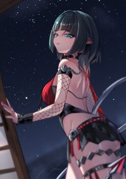 1girl absurdres animal_ears bare_shoulders black_hair black_one-piece_swimsuit black_sarong blue_eyes breast_curtains breasts chen_kang choker commentary_request cowboy_shot earrings fishnet_sleeves fishnets from_side highres jane_doe_(nocturne_of_light)_(zenless_zone_zero) jane_doe_(zenless_zone_zero) jewelry large_breasts leather_leotard long_hair looking_at_viewer mouse_ears mouse_girl mouse_tail multicolored_hair night notched_ear o-ring o-ring_choker o-ring_swimsuit official_alternate_costume one-piece_swimsuit parted_lips pink_nails red_hair red_one-piece_swimsuit sarong sharp_tail shoulder_blades sky solo star_(sky) starry_sky swimsuit tail thigh_strap two-tone_one-piece_swimsuit zenless_zone_zero