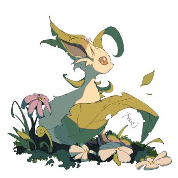 Rule 34 | brown sclera, colored sclera, commentary request, flower, gen 4 pokemon, grass, green fur, highres, leaf, leafeon, nintendo, no humans, plant, pokemon, pokemon (creature), pokemon dppt, sitting, supiraji penpen, tail, white background, yellow fur