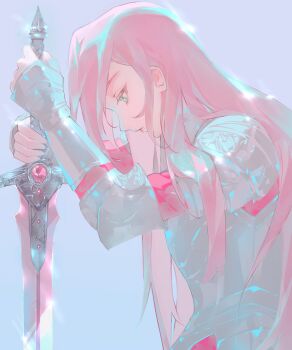 1girl absurdres alternate_costume armor breastplate breasts closed_mouth gem green_eyes grey_background haruno_sakura head_down highres holding holding_sword holding_weapon kneeling knight long_hair medium_breasts naruto_(series) pink_hair plate_armor red_gem shoulder_armor soing solo swept_bangs sword upper_body weapon