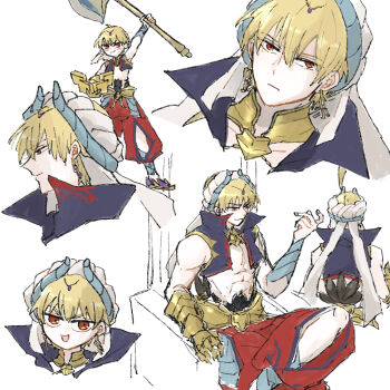 Rule 34 | 1boy, :|, blonde hair, closed mouth, commentary request, dingir (fate), earrings, fate/grand order, fate (series), gauntlets, gilgamesh, gilgamesh (caster) (fate), gilgamesh (fate), head chain, high collar, jewelry, komisabut, male focus, multiple views, pants, red eyes, red pants, simple background, single gauntlet, turban, white background, white turban
