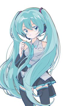 Rule 34 | 1980s (style), 1girl, absurdres, aqua eyes, aqua hair, aqua nails, aqua necktie, arm behind back, black sleeves, black thighhighs, blue eyeshadow, closed mouth, cowboy shot, detached sleeves, en 0410, eyeshadow, faux retro artstyle, hair between eyes, hand up, hatsune miku, highres, long hair, looking at viewer, makeup, necktie, oldschool, retro artstyle, shirt, sleeveless, sleeveless shirt, solo, thighhighs, twintails, very long hair, vocaloid, white background