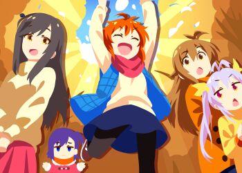 5girls :o ^_^ ahoge antenna_hair arms_up autumn black_hair black_pantyhose blue_eyes blue_skirt blue_vest brown_eyes brown_hair brown_sweater chestnut_mouth closed_eyes commentary english_commentary forest hair_ribbon highres ichijou_hotaru jacket koshigaya_komari koshigaya_natsumi long_hair majormilk miyauchi_hikage miyauchi_renge multiple_girls nature non_non_biyori one_side_up open_mouth orange_jacket orange_scarf pantyhose pink_sweater purple_hair red_hair red_scarf red_skirt ribbon scarf skirt smile standing standing_on_one_leg sweater tree v-shaped_eyebrows vest yellow_ribbon yellow_sweater