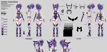 1girl :3 android aqua_eyes arrow_(symbol) artist_name bare_shoulders blush cable character_name cleavage_cutout closed_eyes closed_mouth clothing_cutout collarbone color_guide commentary concept_art dated drooling english_commentary english_text epebe eyelashes finger_to_own_chin fingernails from_behind from_side full_body gluteal_fold hair_intakes hair_ornament head_tilt headset heart high_heels highres leotard mechanical_tail melody_(projektmelody) melody_(projektmelody)_(cybermel) mouth_drool multiple_expressions multiple_views no_sclera nose_blush official_alternate_costume official_art open_mouth pink-tinted_eyewear ponytail power_symbol purple_leotard reference_sheet sidelocks smile strapless strapless_leotard tail tinted_eyewear toenails toes virtual_youtuber vshojo x_hair_ornament