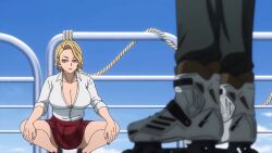 1boy 1girl 2025 20s animated animated_gif blonde_hair blue_sky boat breasts brown_eyes cloud eyeshadow huge_breasts kneeling large_breasts makeup mudano_naito ocean partially_open_shirt red_skirt roller_skates sazanami_kuina school_uniform shirt shoes short_hair skates skirt sky sport_shoes standing tagme thighs tougen_anki watercraft white_shirt yellow_eyes