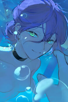 1girl 1other air_bubble black_choker breasts bubble chainsaw_man choker closed_mouth green_eyes grenade_pin hair_between_eyes highres light_smile looking_at_viewer nude purple_hair reze_(chainsaw_man) small_breasts submerged underwater until_stil