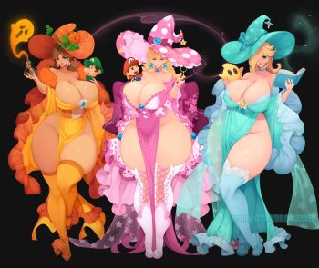 2boys 3girls baby_luigi baby_mario bare_shoulders blonde_hair blue_eyes book breasts choker cleavage curvy earrings female_focus flower full_body hair_over_one_eye hat heart highres huge_breasts jewelry long_hair looking_at_viewer luigi luma_(mario) mario mario_(series) multiple_boys multiple_girls nintendo potion princess_daisy princess_peach pumpkin rosalina skindentation star_(symbol) super_star_(mario) thick_lips thick_thighs thighhighs thighs tundromaiden wand wide_hips witch_hat