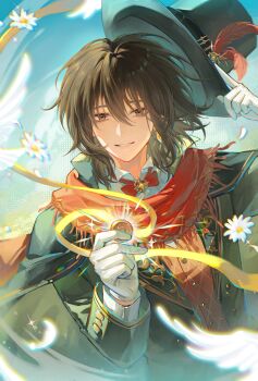 1boy absurdres adjusting_clothes adjusting_headwear black_hat black_jacket bow bowtie brown_hair buttons cape coin commentary_request daisy_(flower) falling_feathers feathers flower gloves gold_coin hair_between_eyes hand_on_headwear hat hat_feather highres holding holding_coin jacket klein_moretti long_sleeves looking_at_viewer lord_of_the_mysteries male_focus medium_hair merlin_hermes popped_collar red_bow red_bowtie red_scarf red_vest ribbon scarf shirt smile solo top_hat upper_body vest white_flower white_gloves white_shirt xiaojiaguoguowang yellow_ribbon