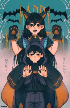 1boy 1girl alternate_costume animal_ear_hairband animal_ears artist_name bell black_dress black_eyes black_hair black_nails black_pants blush bright_pupils brother_and_sister cat_ears character_name choker closed_mouth commentary double-parted_bangs dress english_commentary fake_animal_ears fangs hair_between_eyes hairband halloween halloween_costume happy_halloween highres krerue long_hair long_sleeves looking_at_viewer mari_(faraway)_(omori) mari_(omori) neck_bell omori open_mouth orange_choker pants puffy_short_sleeves puffy_sleeves short_sleeves siblings smile sunny_(omori) teeth upper_teeth_only white_pupils