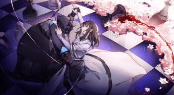 1girl 1other ambiguous_gender arknights black_coat black_gloves brown_hair chess_piece chessboard coat dancing doctor_(arknights) gloves haaahoi highres hood hooded_coat long_hair long_sleeves mask pawn_(chess) priestess_(arknights) purple_eyes shirt white_coat white_shirt