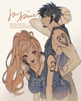 Rule 34 | 1boy, 1girl, arm tattoo, arm up, ball, bare shoulders, basketball (object), basketball jersey, basketball uniform, black hair, blush, breasts, character name, closed mouth, collarbone, commentary request, cowboy shot, facial hair, from side, high ponytail, holding, holding ball, large breasts, leaning forward, long hair, looking at viewer, nami (one piece), one piece, open mouth, orange hair, ponytail, profile, revision, short hair, shoulder tattoo, sportswear, sweat, tattoo, tongue, tongue out, trafalgar law, twitter username, yum xoxo yum
