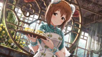 Rule 34 | 1girl, blush, brown eyes, brown hair, bun cover, chinese clothes, closed mouth, commentary request, day, double bun, dress, flower, game cg, hagiwara yukiho, hair bun, holding, holding tray, idolmaster, idolmaster (classic), idolmaster million live!, idolmaster million live! theater days, indoors, looking at viewer, official alternate costume, official art, short hair, short sleeves, smile, solo, tea, third-party source, tray, upper body, waitress, white flower, wrist cuffs