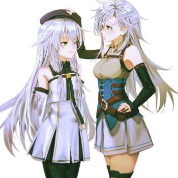 2girls absurdres altina_orion bare_shoulders beret black_pantyhose blue_corset boots breasts commentary corset detached_sleeves dress eiyuu_densetsu english_commentary fie_claussell green_eyes hair_between_eyes hair_flaps hat headpat highres kai_no_kiseki kuro_no_kiseki_(series) long_hair madou_zakura miniskirt multiple_girls pantyhose short_dress skirt small_breasts smile thigh_boots very_long_hair white_hair