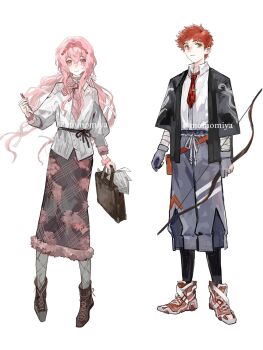 Rule 34 | 1girl, archery, bandaged arm, bandages, bow, bow (weapon), breasts, briefcase, couple, dress, emiya shirou, fate/stay night, fate (series), gaoyue jixiang, gloves, groom, hair bow, highres, holding, holding bow (weapon), holding briefcase, holding weapon, jacket, kyuudou, momomiya shizuku (gaoyue jixiang), necktie, oc x canon, original, pastels, pink cross tie, red necktie, ribbon, skirt, suitcase, weapon