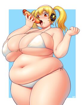 1girl absurdres aqua_background artist_name belly better-with-salt bikini blonde_hair blush border breasts cleavage clenched_hand cowboy_shot double_chin eating fat fat_rolls fat_woman food food_on_face front-tie_top hands_up headphones highres holding holding_food hot_dog huge_breasts looking_at_food looking_down medium_hair muffin_top navel nitroplus obese open_mouth orange_eyes outside_border side-tie_bikini_bottom simple_background solo super_pochaco swimsuit teeth thick_arms thick_thighs thighs twintails upper_teeth_only white_bikini white_border