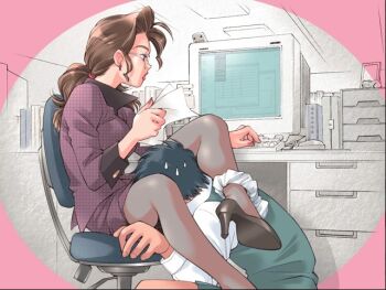 1boy 1girl black_hair brown_hair chair computer computer_keyboard crossdressing cunnilingus domo-kun emotionless_sex femdom formal_clothes game_cg glasses hetero high_heels implied_cunnilingus kerorin long_hair multitasking nhk_(broadcaster) office_lady on_chair oral panties panties_around_leg pantyhose pencil_skirt ponytail pumps shinobi_hanafuda shoes sitting skirt skirt_suit suit sweatdrop underwear unmoving_pattern white_panties