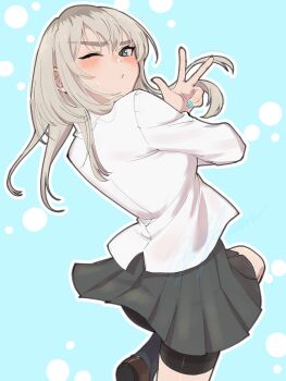 Rule 34 | 1girl, ayataka syumimi, black shorts, blue background, blue nails, blush, closed mouth, commentary request, girls band cry, grey eyes, grey hair, highres, kawaragi momoka, long hair, multicolored hair, nail polish, one eye closed, roots (hair), shirt, shorts, shorts under skirt, solo, w, white shirt