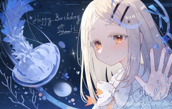 Rule 34 | 1girl, absurdres, against fourth wall, blonde hair, bow, bowtie, butterfly hair ornament, character name, closed mouth, colored eyelashes, commentary, fish, fourth wall, frilled shirt collar, frills, gakuen idolmaster, hair ornament, hairclip, hand up, happy birthday, highres, idolmaster, jellyfish, long hair, looking at viewer, open hand, orange eyes, parallel hairclips, parted bangs, shinosawa hiro, shirt, smile, solo, upper body, water, white bow, white bowtie, white shirt, yuuneka