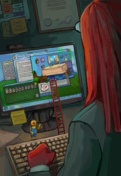 !? 3boys absurdres black_eyes blue_hair blue_overalls brown_jacket clock colored_skin commentary computer_keyboard cuckoo_clock desktop_(computing) don&#039;t_hug_me_i&#039;m_scared duck_(dhmis) english_commentary english_text formal_clothes grey_suit highres jacket kitchen ladder looking_at_another looking_down male_focus microsoft_windows mini_person monitor multiple_boys overalls red_guy_(dhmis) russian_text sharkker-dude short_hair smile solitaire speech_bubble suit table waving_arm yellow_guy_(dhmis) yellow_skin
