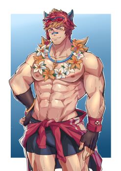 Rule 34 | 1boy, abs, absurdres, animal ears, arm hair, aussummer, bandaid, bandaid on face, bandaid on nose, bara, bare pectorals, black male swimwear, blush, bulge, eyewear on head, feet out of frame, flower, flower necklace, highres, jewelry, large pectorals, league of legends, lifeguard, looking at viewer, male focus, male swimwear, muscular, muscular male, navel, navel hair, necklace, nipples, pectorals, red hair, sett (league of legends), short hair, smile, solo, stomach, swim briefs, topless male, wet, whistle, whistle around neck, wolf ears