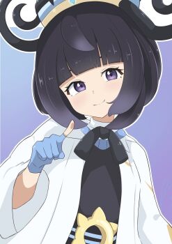 1girl black_dress black_hair blue_gloves blunt_bangs blush bob_cut closed_mouth coat dress gloves gradient_hair gwynn_(pokemon) hat highres long_sleeves looking_at_viewer mega_stone multicolored_hair nintendo open_clothes open_coat oronamin_poke partially_fingerless_gloves pokemon pokemon_legends:_z-a purple_eyes purple_hair short_hair solo upper_body white_coat