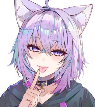 1girl :p absurdres ahoge animal_ear_fluff animal_ears black_choker black_hoodie cat_ears cat_girl choker collarbone commentary commentary_request crossed_bangs english_commentary hair_between_eyes highres hololive hood hoodie index_finger_raised kanniiepan looking_at_viewer mixed-language_commentary nekomata_okayu nekomata_okayu_(1st_costume) purple_eyes purple_hair short_hair simple_background solo tongue tongue_out upper_body virtual_youtuber white_background