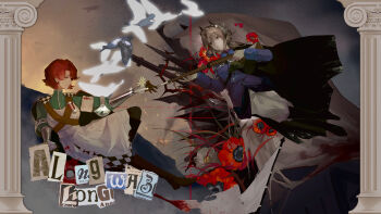 Rule 34 | 1boy, 2girls, absurdres, bird, black cape, blue jacket, blue shirt, boots, brown boots, cape, charon (reverse:1999), column, commentary request, dress, english text, fine art parody, floating, flower, gauntlets, grey background, grey eyes, grey hair, gun, hair ornament, highres, holding, holding gun, holding weapon, jacket, long hair, looking at another, low ponytail, marsha (reverse:1999), military uniform, multiple girls, outstretched arm, pants, parody, pillar, ponytail, poppy (flower), profile, red flower, red hair, reverse:1999, rifle, sentinel (reverse:1999), shenqi a hao, shirt, short hair, the creation of adam, veil, weapon, white bird, white dress, white pants, white veil