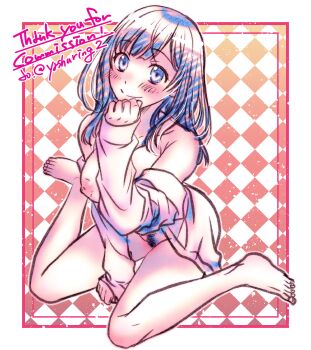 blush breasts breasts_out checkered_background commission hand_on_chin hige_wo_soru._soshite_joshikousei_wo_hirou. highres large_breasts nipples ogiwara_sayu partially_undressed pubic_hair shirt skeb_commission smile white_shirt yashuring