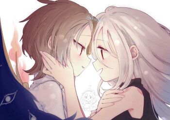 Rule 34 | !?, 3girls, asymmetrical wings, biyon, black dress, brown hair, commentary request, dress, eye contact, eyes on wings, fiery wings, grey hair, hair between eyes, hair ornament, iwanaga ariya, long hair, long hair between eyes, looking at another, multiple girls, open mouth, red eyes, shell, shell hair ornament, shirt, short hair, skeletal wings, sleeveless, sleeveless dress, smile, touhou, turtleneck, turtleneck dress, watari nina, white shirt, wings, yuiman asama, yuri