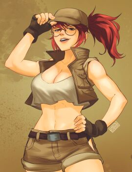1girl adjusting_clothes adjusting_headwear artist_logo astrubalart bare_shoulders belt breasts brown_belt brown_gloves brown_hat brown_shorts brown_vest clothing_cutout commentary cowboy_shot crop_top field_cap fingerless_gloves fio_germi glasses gloves hand_on_own_hip hat highres hip_vent lips logo looking_at_viewer medium_breasts metal_slug midriff open_clothes open_vest parted_lips ponytail red_hair round_eyewear short_shorts shorts solo standing tank_top teeth upper_teeth_only vest white_tank_top yellow_background