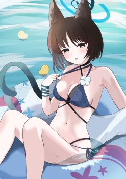 1girl absurdres adjusting_clothes adjusting_swimsuit animal_ears bare_arms bare_shoulders bikini bird black_eyes black_hair blue_archive blue_bikini blush breasts cat_ears cat_girl cleavage clothes_pull commentary_request double-parted_bangs highres kikyou_(blue_archive) kikyou_(swimsuit)_(blue_archive) looking_at_viewer medium_breasts multiple_tails navel ocean official_alternate_costume open_mouth revision short_sleeves smyin_rii solo stomach swim_ring swimsuit tail two_tails
