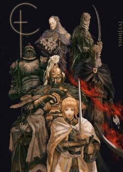 Rule 34 | 2girls, 5boys, armor, armor under clothes, black background, blonde hair, braid, bronze, cloak, crossed arms, crown braid, dryleaf dane, elden ring, elden ring: shadow of the erdtree, facial hair, flower, full armor, golden cross (elden ring), grey facial hair, helm, helmet, highres, holding, holding sword, holding unworn helmet, holding weapon, hornsent (elden ring), knight, moore (elden ring), multiple boys, multiple girls, needle knight leda, obscured eyes, ornate, ornate armor, planted, planted sword, planted weapon, redmane freyja, scythe, short hair, sidelocks, signature, sword, thiollier (elden ring), unworn helmet, upper body, weapon, white cloak, white mask, yellow eyes, yujia0412