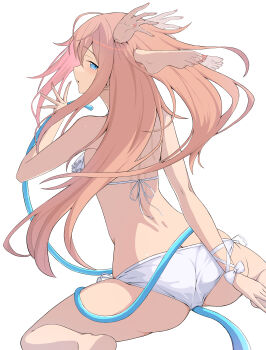 1girl 8ka43 absurdres back bare_arms bare_shoulders bikini blue_eyes brown_hair butt_crack commentary_request extra_hands feet from_behind highres long_hair looking_back original simple_background solo swimsuit toes white_background white_bikini