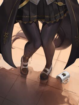 1girl absurdres black_coat black_pantyhose black_skirt coat coffee cup dio_dio hem_peeking_out highres horse_girl horse_tail knees_together_feet_apart manhattan_cafe_(umamusume) mug pantyhose pigeon-toed pleated_skirt shirt shoes skirt solo spill tail tile_floor tiles twitter_username umamusume wet wet_clothes wet_pantyhose white_shirt white_shoes
