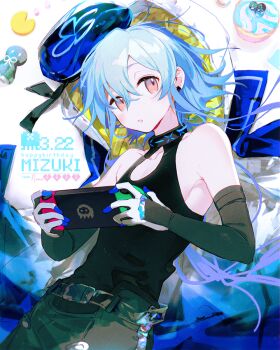 Rule 34 | 1boy, arknights, bare shoulders, black collar, black gloves, black hair, black pants, black shirt, blue hair, blue headwear, blush, character name, collar, collarbone, commentary, crossed bangs, dated, earclip, elbow gloves, english commentary, gloves, hair between eyes, happy birthday, hat, holding, infection monitor (arknights), looking at viewer, mizuki (arknights), namie-kun, nintendo switch, pants, parted lips, pink eyes, shirt, trap, white gloves