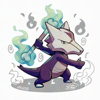 Rule 34 | alolan form, alolan marowak, black skin, bone, claws, colored skin, fire, gen 7 pokemon, green fire, holding, holding bone, mistray-art, nintendo, no humans, numbered, pokemon, pokemon (creature), signature, simple background, solo, tail, white background