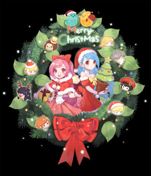ahoge anais_del_caril aqua_hair beard bell beret black_background black_eyes black_hair blonde_hair blue_eyes blush blush_stickers boris_jinneman bow box braid brown_bow capelet chibi chibi_inset christmas christmas_ornaments christmas_star christmas_tree christmas_wreath closed_eyes collarbone commentary cross-laced_jacket dated_commentary detached_sleeves dress dress_bow english_commentary facial_hair flower_pot frilled_jacket frills fur-trimmed_capelet fur-trimmed_dress fur-trimmed_headwear fur-trimmed_hood fur-trimmed_mittens fur-trimmed_sleeves fur_trim gift gift_box glasses grey_eyes grey_hair hair_intakes hair_tie_on_wrist hat head_only highres holding holding_bell holding_flower_pot holding_gift holding_sack hood hood_down hooded_capelet impasto isaac_ducastel isolestie_(children_of_the_rune) ispin_charles jacket jellyppi leaf long_beard long_hair maximin_liebkne merry_christmas mila_nebraska mini_christmas_tree mini_hat mini_top_hat mittens mustache nexon nocturne_de_vien official_art orange_hair parted_bangs parted_hair pince-nez pink_dress pink_hair pom_pom_(clothes) pom_pom_hat_ornament ponytail puffy_short_sleeves puffy_sleeves red_bag red_bow red_capelet red_eyes red_hood red_mittens red_pupils red_sleeves round_eyewear sack sang_ah_yoon santa_costume santa_dress santa_hat short_dress short_sleeves sidelocks single_hair_streak skull_ornament smile star_ornament straight_hair strapless strapless_dress swept_bangs tales_weaver tichiel_juspian tilted_headwear top_hat tree v-shaped_eyes very_long_hair wavy_hair white_facial_hair white_hair white_jacket wreath yellow_bow yellow_eyes