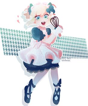 1boy absurdres alternate_costume artist_name basil_(faraway)_(omori) basil_(omori) black_shoes blonde_hair blue_eyes blush enmaided full_body heart highres holding holding_whisk looking_at_viewer maid maid_headdress male_focus omori open_mouth ponytail puffy_short_sleeves puffy_sleeves shoes short_hair short_ponytail short_sleeves shugo_chara! sidelocks smile solo teeth tongue tosteurmori upper_teeth_only whisk