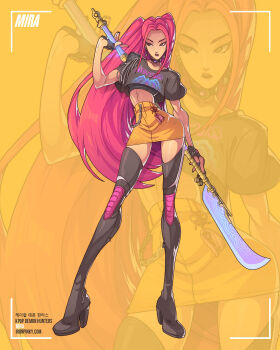 1girl black_gloves character_name choker commentary copyright_name crop_top earrings edwin_huang english_commentary fingerless_gloves full_body gloves high_heels highres holding holding_polearm holding_weapon jewelry kpop_demon_hunters long_hair looking_to_the_side miniskirt mira_(kpop_demon_hunters) multiple_views narrow_waist pink_hair polearm skirt weapon yellow_skirt