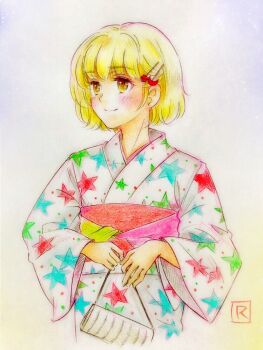 Rule 34 | 1girl, bag, blonde hair, commentary request, crescent, crescent hair ornament, hair ornament, hairclip, handbag, holding, holding bag, japanese clothes, kimono, long sleeves, looking to the side, lunasa prismriver, one-hour drawing challenge, print kimono, q-bee (aaru), red sash, sash, short hair, smile, solo, star (symbol), star print, touhou, traditional media, upper body, white background, yellow eyes