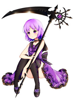 1girl black_sailor_collar black_thighhighs bow bowtie commentary_request frilled_skirt frills highres holding holding_scythe magical_girl mahou_shoujo_no_istoria moi_(latte_art) purple_eyes purple_hair sailor_collar scythe shoes short_hair sitting skirt thighhighs
